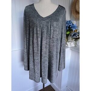Gray Studded V-Neck Silver Metallic Long Sleeve Top
